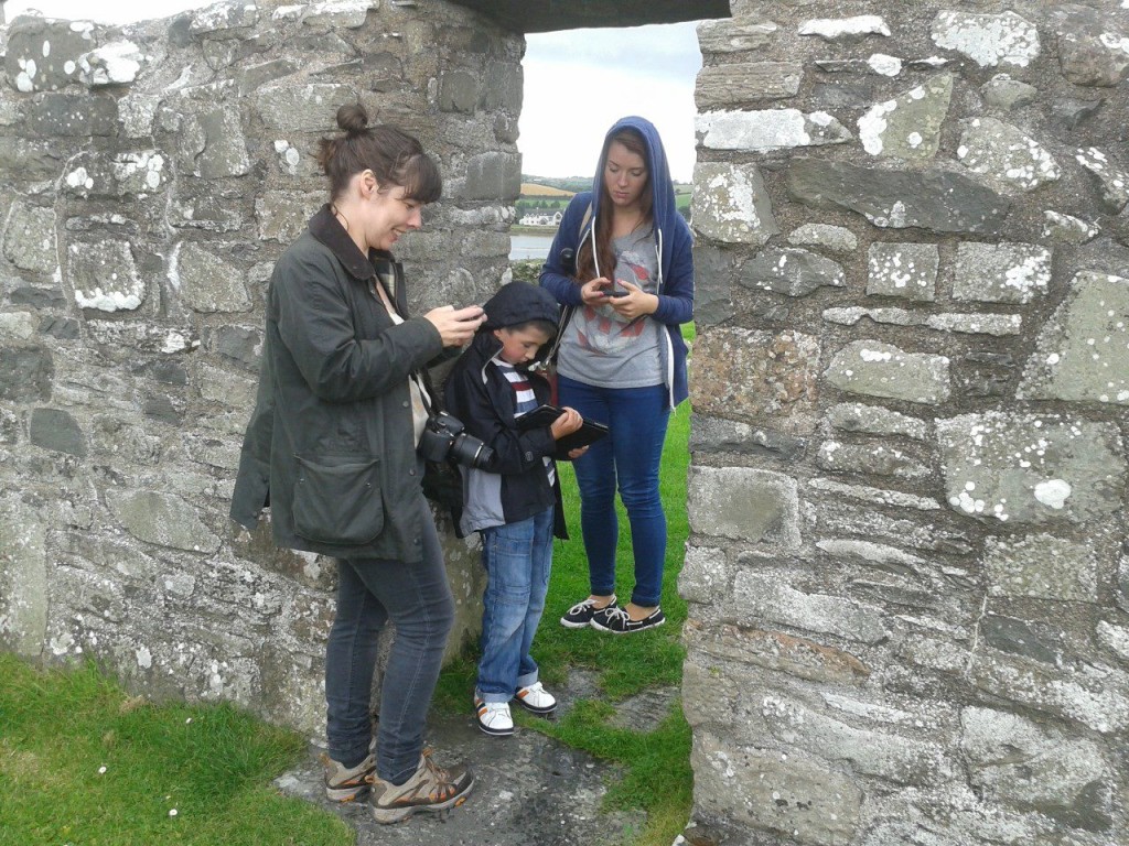 Young people user-testing heritage apps at Nendrum Monastery